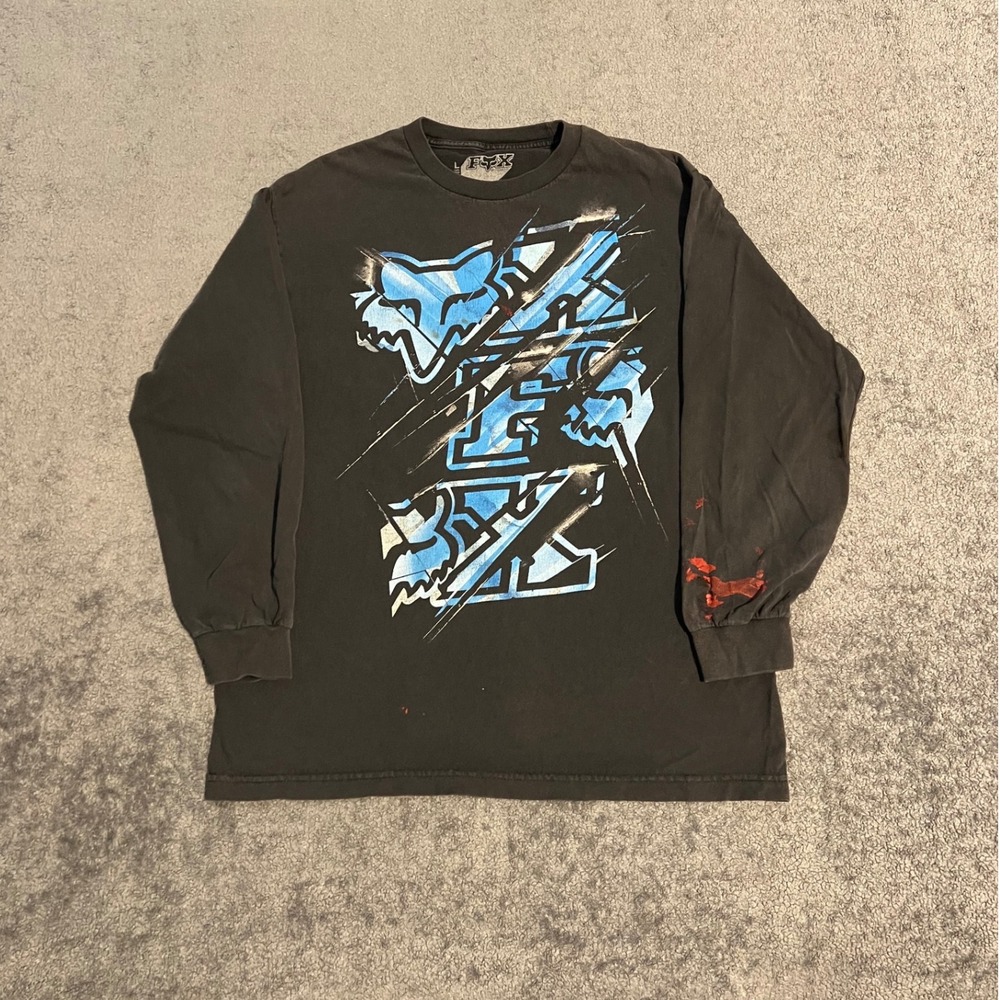 Vintage Y2K Thrashed Fox Racing Mens Long Sleeve Shirt Blue Logo Size Large